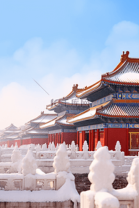 实景拍摄棚插画图片_雪景故宫冬天建筑摄影图插画海报