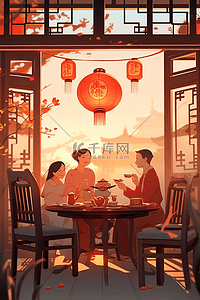 中式喜庆海报插画图片_新年团圆灯笼团聚插画海报