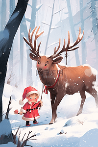 驯鹿冬天可爱孩子插画海报