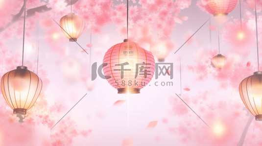 粉色花朵装饰插画图片_粉色装饰中国风灯笼插画7