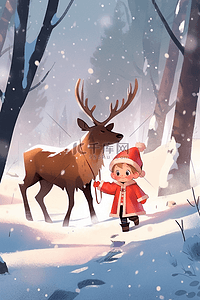 可爱麋鹿插画图片_冬天插画海报可爱孩子驯鹿