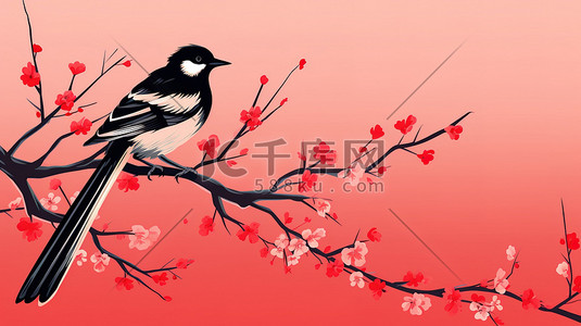 枝头小鸟插画图片_喜鹊站在梅花的枝头上2矢量插画