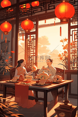 圆屋子图片素材_新年团圆灯笼海报团聚插画