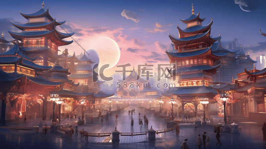中国风古建筑不夜城美景插画4