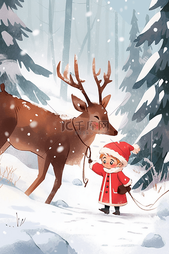 可爱孩子冬天驯鹿插画海报