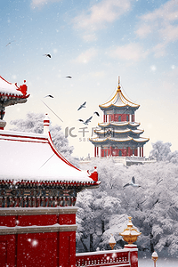天空飞的鸟插画图片_照片摄影图冬天雪景故宫松树写实插画图片