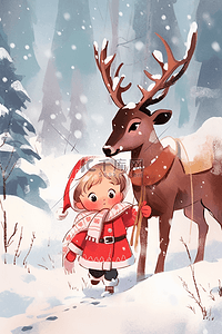 冬天插画可爱孩子驯鹿海报