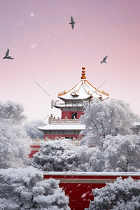 天空飞的鸟插画图片_摄影图冬天雪景故宫照片松树写实原创插画