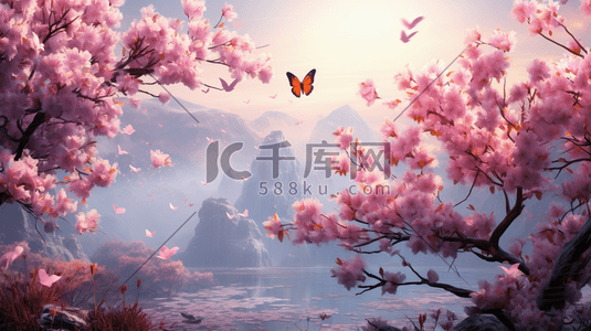 粉色盛开花朵上的蝴蝶插画10