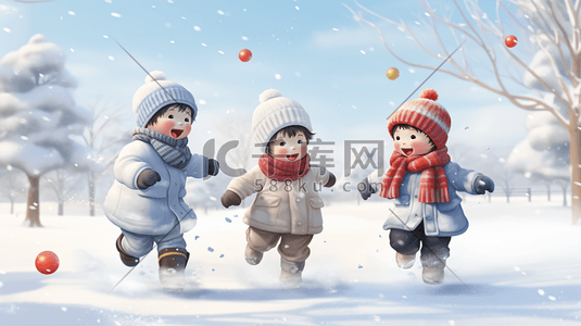 玩雪的插画图片_雪地上玩雪的儿童