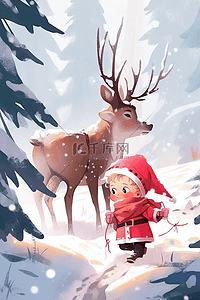 可爱麋鹿插画图片_海报冬天可爱孩子海报驯鹿插画设计