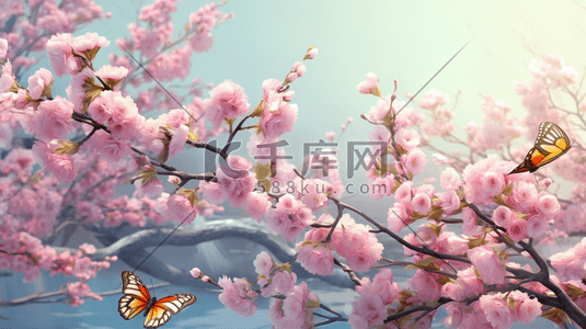 粉色盛开花朵上的蝴蝶插画4