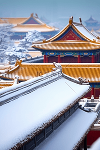 冬天古代建筑雪景摄影图插画素材