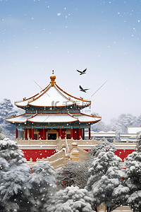 学校高清大图插画图片_冬天雪景故宫松树摄影图照片写实图片