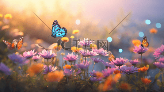粉色盛开花朵上的蝴蝶插画15