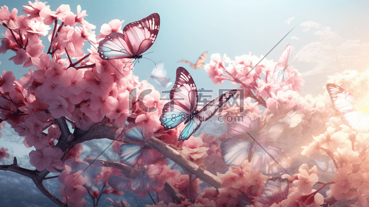 花朵上的插画图片_粉色盛开花朵上的蝴蝶插画3