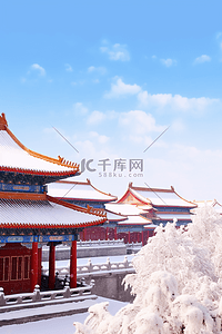 摄影图海报插画图片_冬天雪景故宫摄影图建筑插画海报