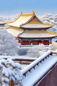 建筑摄影高清图插画图片_冬天古代建筑摄影图雪景插画图片