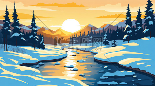 穿过森林插画图片_河流穿过白雪皑皑森林11插画图片