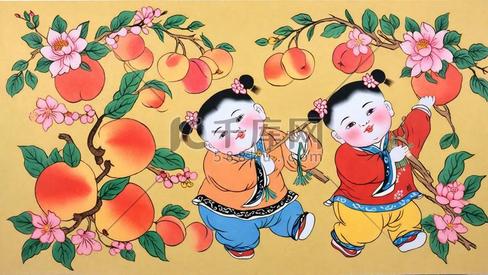 传统新年民俗年画杨枊青仙桃年画娃娃插画海报