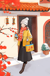 红色开着的门插画图片_可爱女孩庭院梅花手绘新年插画