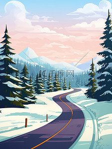 山路插画图片_冬天森林里的山路11图片