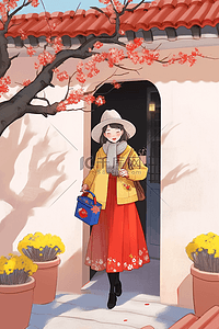 红色开着的门插画图片_新年插画可爱女孩庭院梅花手绘