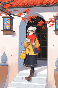 红色开着的门插画图片_新年手绘插画可爱女孩庭院梅花