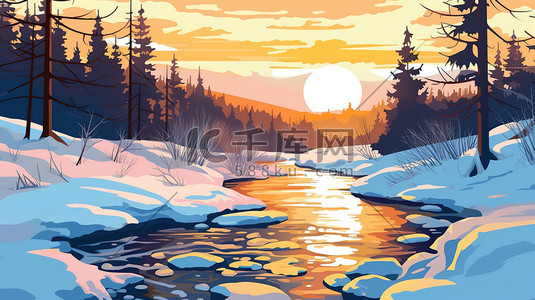 穿过森林插画图片_河流穿过白雪皑皑森林2插画素材