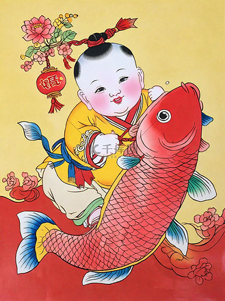 传统新年民俗年画红鲤鱼和胖娃娃插画素材