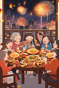 新年元素卡通插画图片_新年家人插画团聚烟花手绘海报