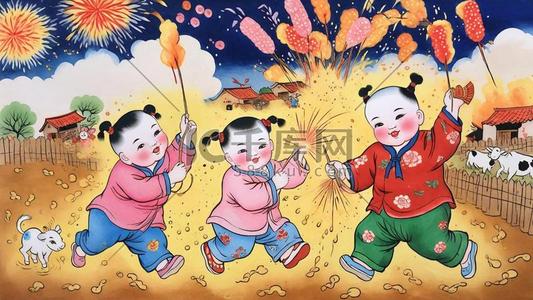 传统新年民俗年画杨枊青年画娃娃4矢量插画