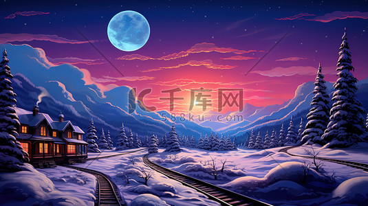 铁轨插画图片_梦幻冬天的场景火车铁轨11插画