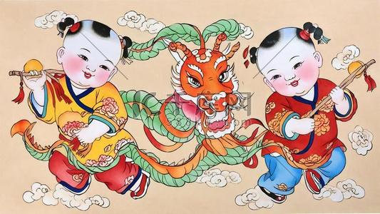 年画海报插画图片_传统新年民俗年画杨枊青舞龙年画娃娃插画海报