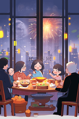 新年城市卡通图片素材_新年家人团聚手绘烟花插画海报