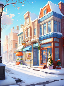 冬天下雪的可爱街景1插画设计