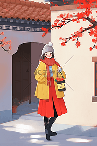 红色开着的门插画图片_新年可爱女孩插画庭院梅花手绘