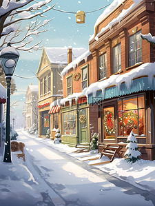 下雪街景插画图片_冬天下雪的可爱街景12插画素材