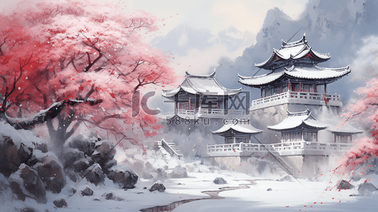 中国风古建筑周边风景插画3