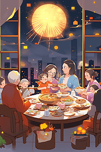 家人团圆卡通插画图片_插画新年家人团聚烟花手绘海报