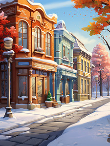下雪街景插画图片_冬天下雪的可爱街景13原创插画