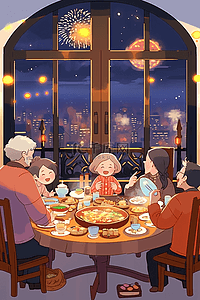 新年团聚家人烟花手绘插画海报
