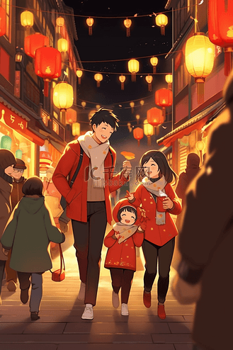 新年逛街手绘购物开心插画