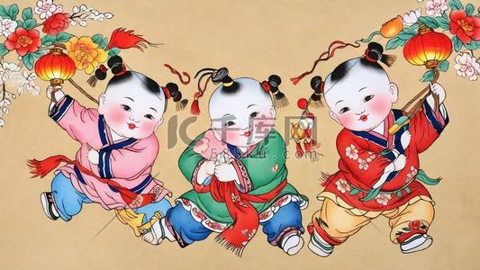 传统新年民俗年画杨枊青年画娃娃插画海报