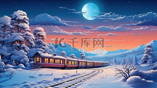 铁轨插画图片_梦幻冬天的场景火车铁轨7插画海报