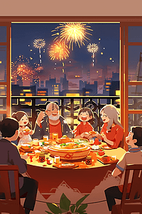 新年元素卡通插画图片_新年家人团聚烟花手绘插画海报