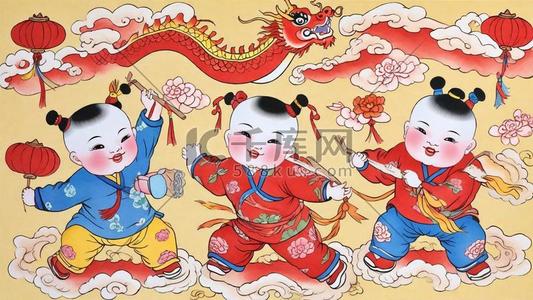 山东年画插画图片_传统新年民俗年画杨枊青舞龙年画娃娃插画海报