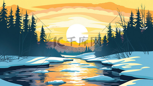 河流穿过白雪皑皑森林3插画海报