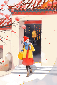红色开着的门插画图片_新年可爱女孩手绘插画庭院梅花