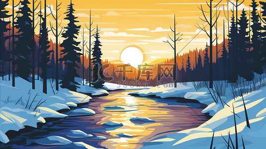 穿过森林插画图片_河流穿过白雪皑皑森林8插画